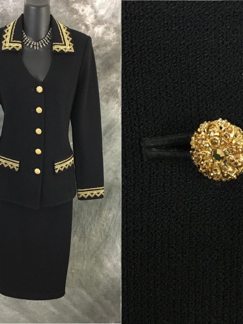 BEAUTIFUL st john evening knit Black rhinestone embellished skirt suit size 6
